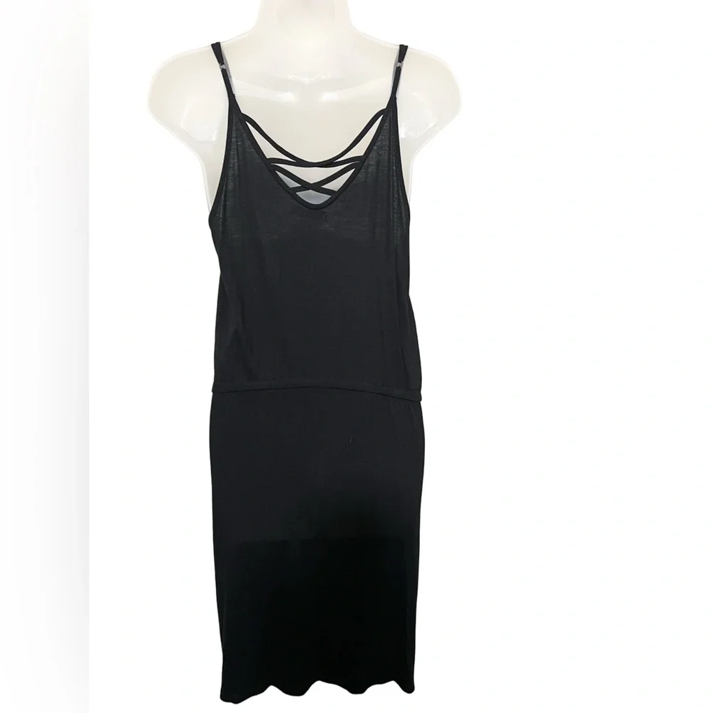 Earthbound M Gold Bead Elastic Waist Black Sleeveless Dress Strappy Back Women